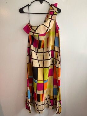 Erow One Shoulder Ruffle Color Multi Color Block Pleasted Midi Dress Size Medium